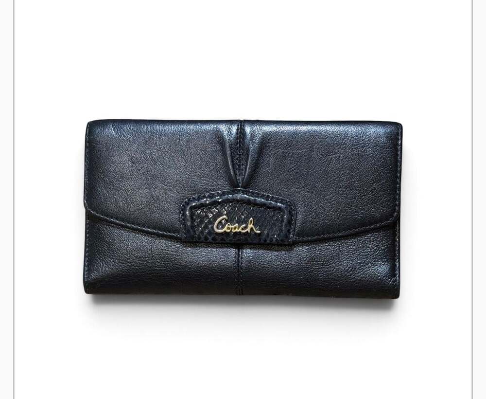 Coach Black Leather Tri-Fold Envelope Wallet with Zipper Compartment